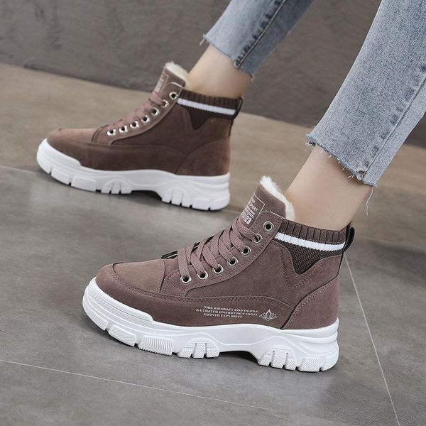 

boots 2021 women warm plush lace up casual shoes fashion sports platform snow winter, Black