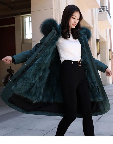 

women's fur & faux real coat winter jacket women x-long natural raccoon liner warm waterproof parka thick streetwear outwear, Black