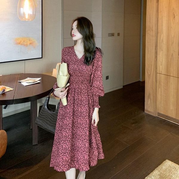 

casual dresses autumn long sleeve vestidoes women v-neck leopard floral print elegant korean vintage bohemian holiday, Black;gray