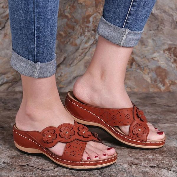 

sandals women's summer casual peep toe bottom wedges shoes for women 201 retro flower slides fashion female plus size sandalias, Black