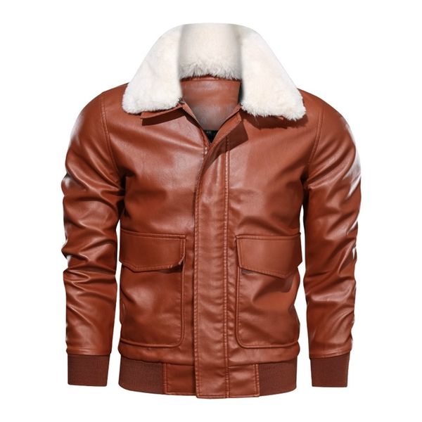 

autumn fur spring collar detachable leather jacket men big pockets motorcycle leather jacket men pu coats simple biker jacket 211111, Black