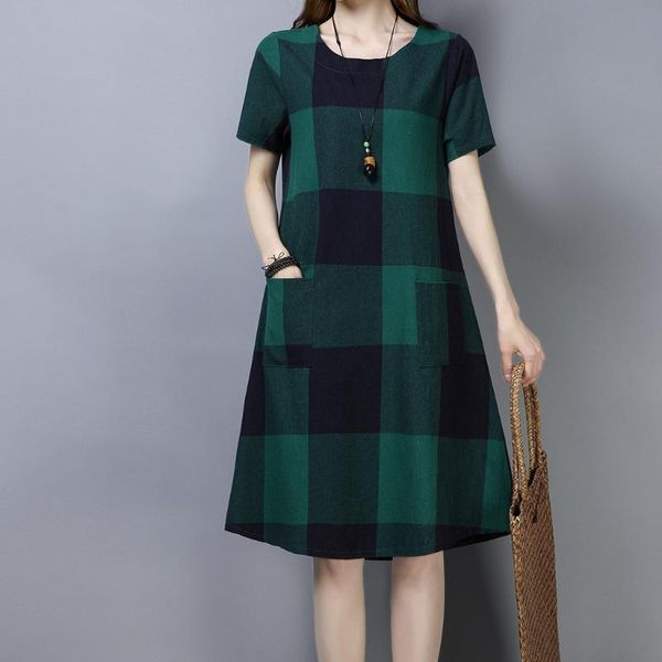 

casual dresses women's vintage plaid print short sleeve ladies knee-length dress elegant loose comfortable basic aestheic soft, Black;gray