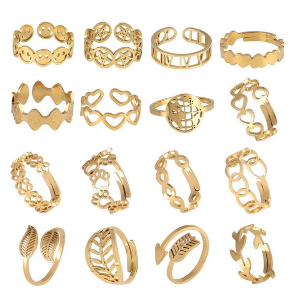 

cluster rings punk stainless steel women opening for geometric heart ring chain jewelry, Golden;silver