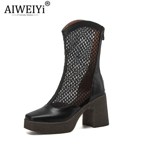 

boots aiweiyi spring leather mesh breathable hollow high heels woman shoes short thick, Black