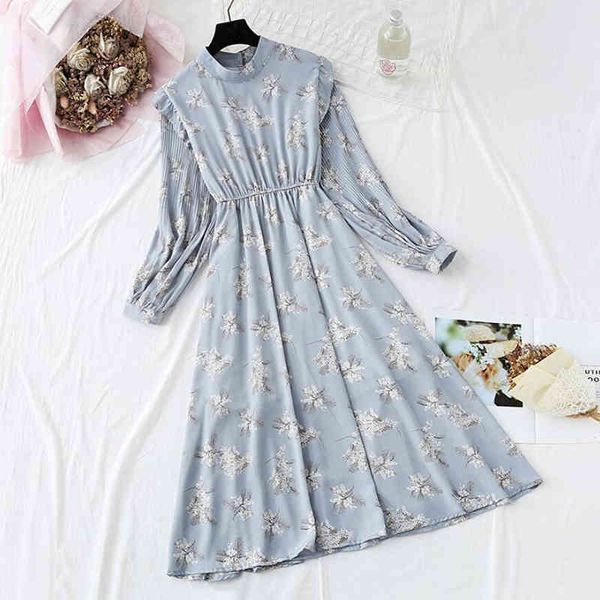 

dresses elegant o-neck women midi casual elastic waist long sleeve print a-line chiffon es vintage party vestidos, Black;gray