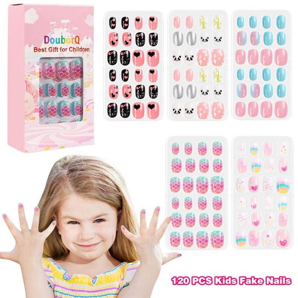 

false nails 12pcs kids cover pre-glue nail detachable oval wearable full tips manicure tools s, Red;gold