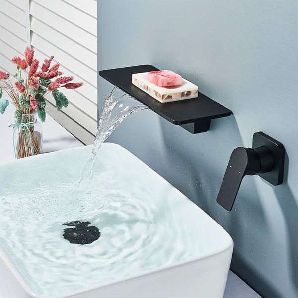 

bathroom sink faucets matte black basin faucet waterfall spout wall mounted brass single handle 180 rotation mixer tap for