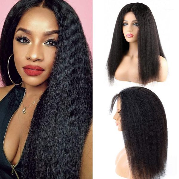 

brazilian kinky straight 4x4 lace closure human hair wigs 150% density for black women1, Black;brown