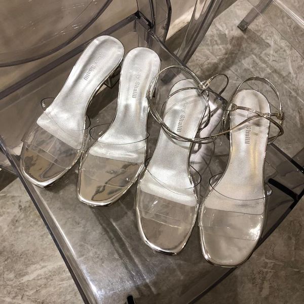 

summer transparent sandals middle heel women home casual women's shoes one word strap high heels, Black