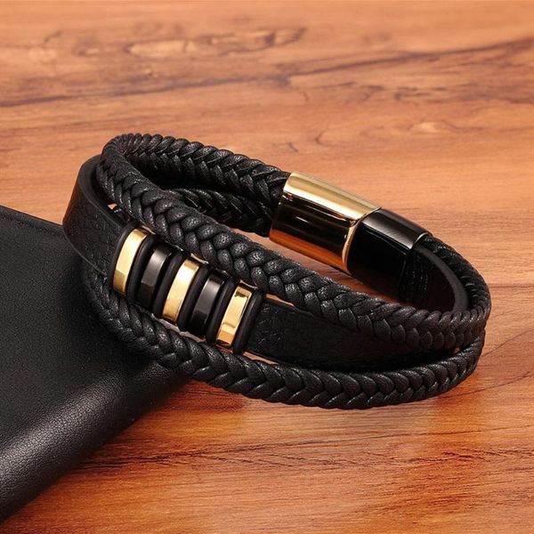 

charm bracelets classic punk style multilayer black genuine leather bracelet men's stainless steel magnetic buckle rock party jewelry, Golden;silver