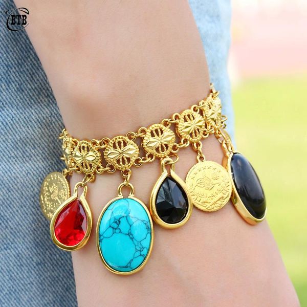 

bangle design hollow chain oval turquoise crystal glass gold coin oman middle east party wedding anniversary bracelet wholesale, Black