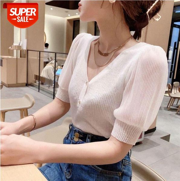 

v-neck thin ice silk knit women's wild short sleeve inst-shirt #zv9x, Black