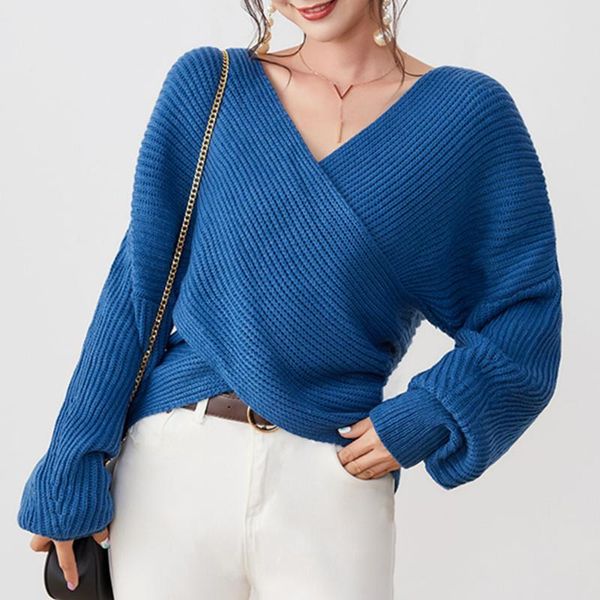 

women's sweaters blue sweater 2021 fashion crossover design long-sleeved slim knit casual v-neck pullover autumn winter, White;black