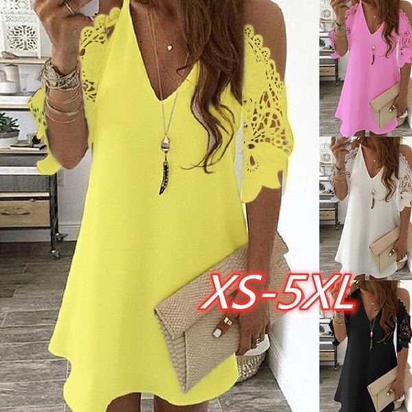 

women's lace splicing dress v-neck off shoulder mini dress solid color casual dress plus size, White