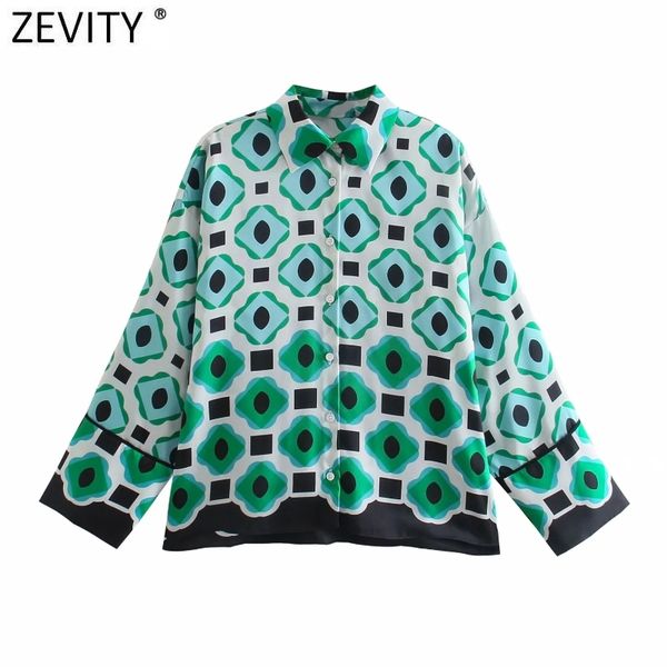 

zevity women vintage geometric print color match casual loose shirt female long sleeve blouse roupas chic blusas ls9285 210419, White