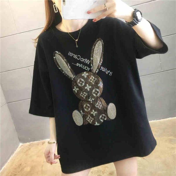 

women's t-shirt guangzhou european heavy industry drill rabbit fashion brand short sleeve for women e1h6, White
