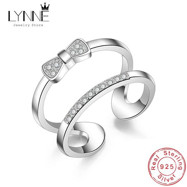 

cluster rings lynne jewelry 925 sterling silver bowknot zircon double layers open adjustable rhinestone ring women&girl fashion gift, Golden;silver
