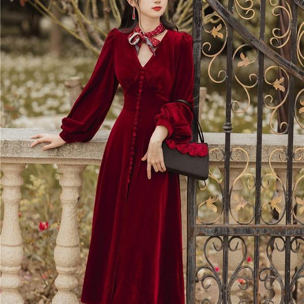 

casual dresses spring autumn women red velvet vintage elegant mori girl lantern sleeve lady party night dinner cottage dress vestidos, Black;gray