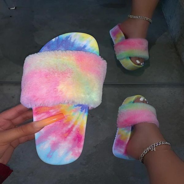 

slippers summer fashion outdoor walking rainbow tie dye fluffy womens' platform casual soft warm plush shoes, Black