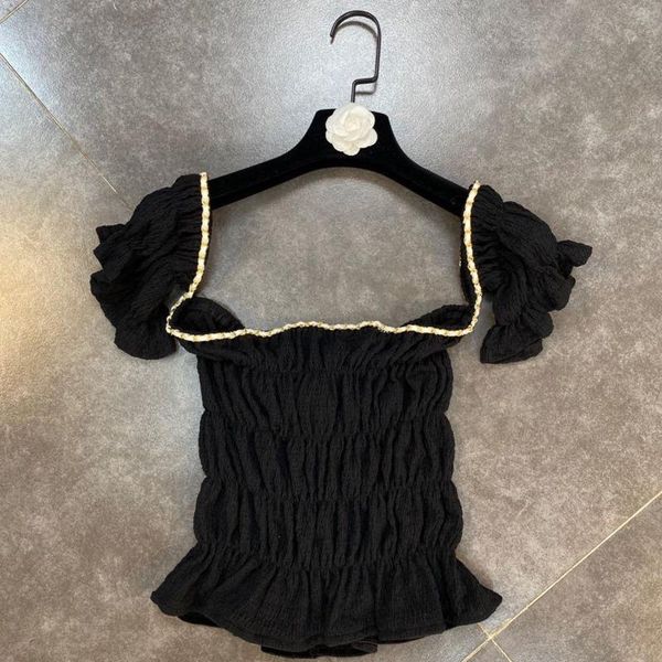 

women pu chain elastic pleated t-shirt solid color square collar short sleeve slim fashion spring summer 2021 11b801 women's, White