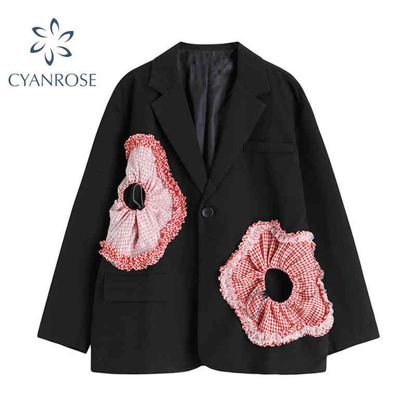 Schwarzer Blazer-Jacken-Mantel für Frauen-Rosa-großer Blumendruck-Einzelknopf-Mode-Outwear-Dame-Frühlings-Streetwear-Mantel 210417