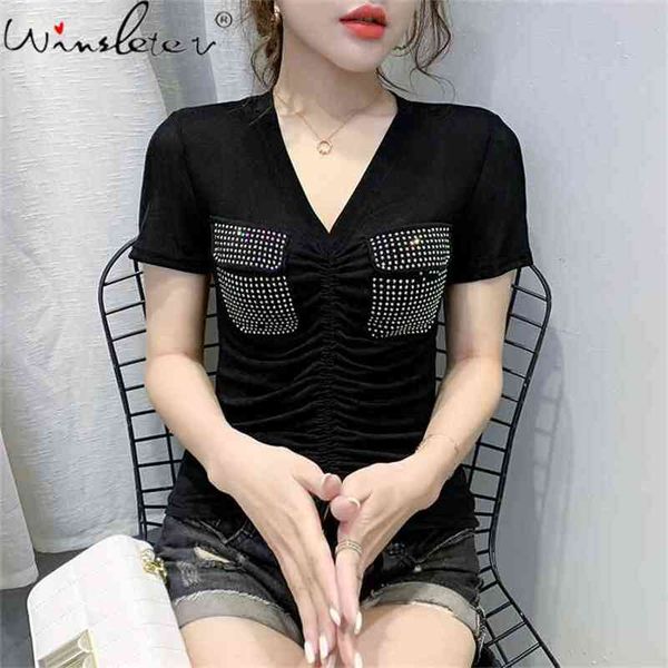 

summer t-shirt women fashion v-neck dual pockets diamonds ropa mujer short sleeve lace up tees female t07618w 210421, White