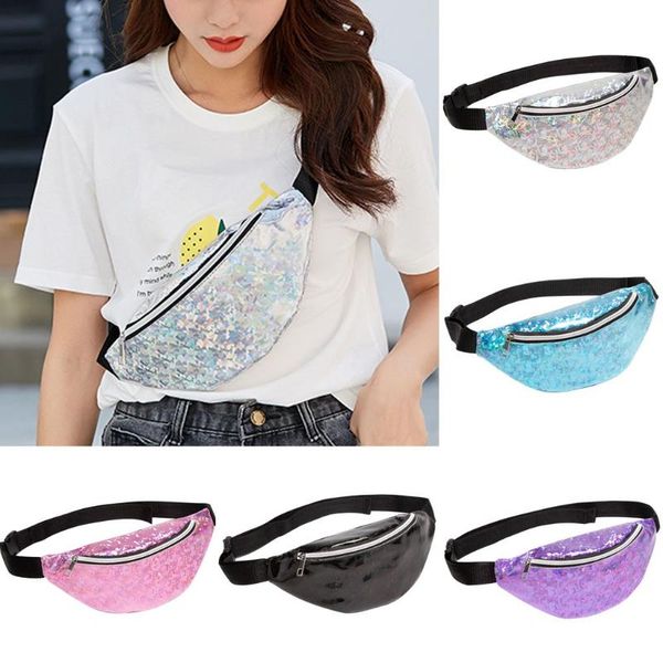 

women's belt bag double zipper bags leather crossbody shoulders sequins waist pack letter purse mobile phone