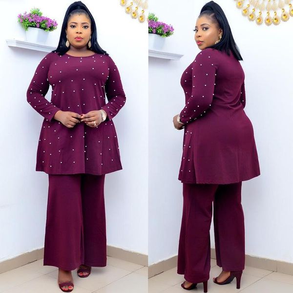 

two piece set africa clothes african dashiki fashion solid bead suit trousers super elastic party for women outfits ethnic clothing, Red