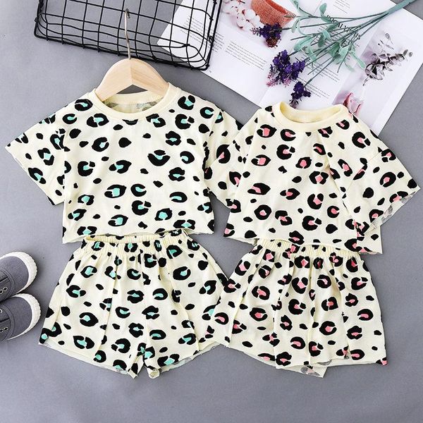 

clothing sets summer cotton girls fashion suit children's 2021 leopard spots short western style two-piece, White
