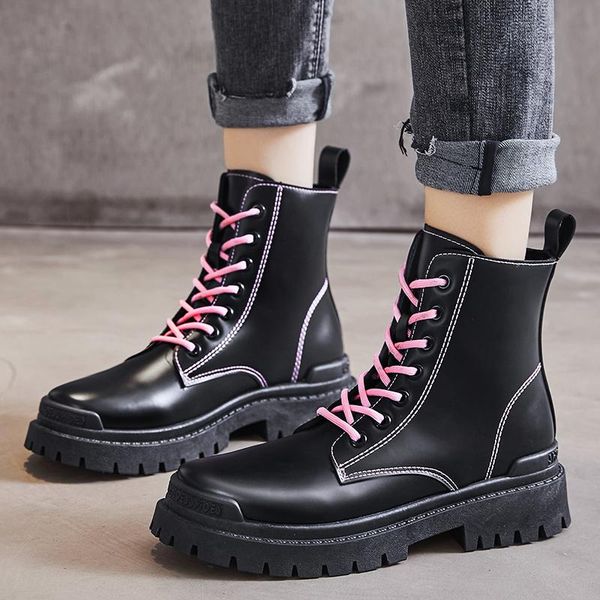 

boots fashion british style spring autumn women ankle lace up platform ladies comfortable casual leather, Black