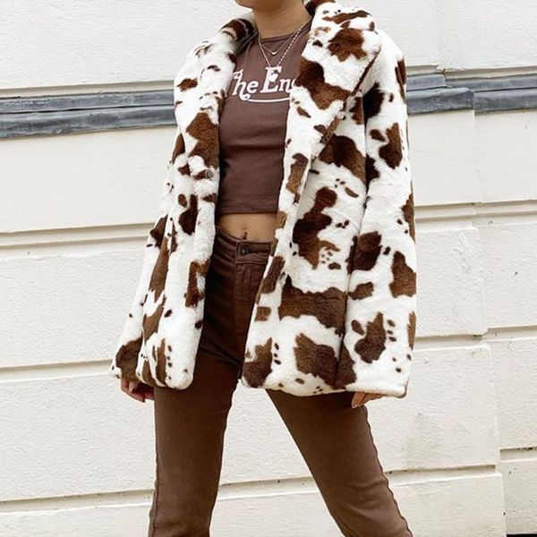 

women's fur & faux leopard print casual loose coat kpop woman jacket 2021 winter streetwear female fluffy overcoat y2k fashion, Black