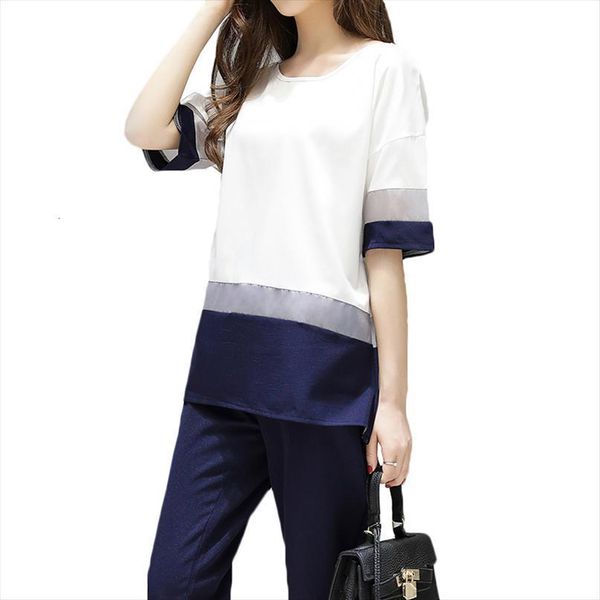 

plus size chiffon two womens pant piece sets summer splice sporting loose sportswear suits clothes, Black;white