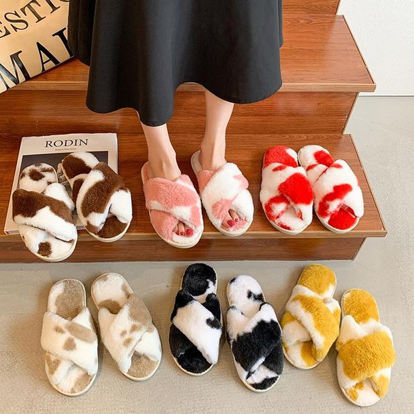 

slippers shoes woman 2021 flock house platform luxury slides winter footwear fur flip flops pantofle leopard designer soft flat, Black