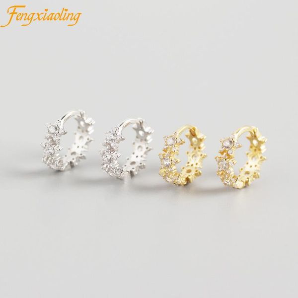 

hoop & huggie genuine 100% 925 sterling silver ins geometric star inlaid zircon round earrings for women trendy elegant party accessories, Golden;silver