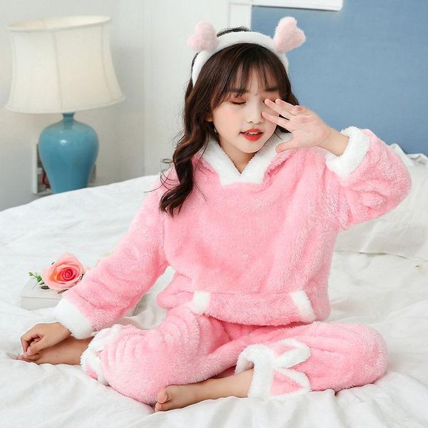 

clothing sets children's pajamas autumn and winter flannel girl coral fleece suit baby big boy hooded thickening home service, White