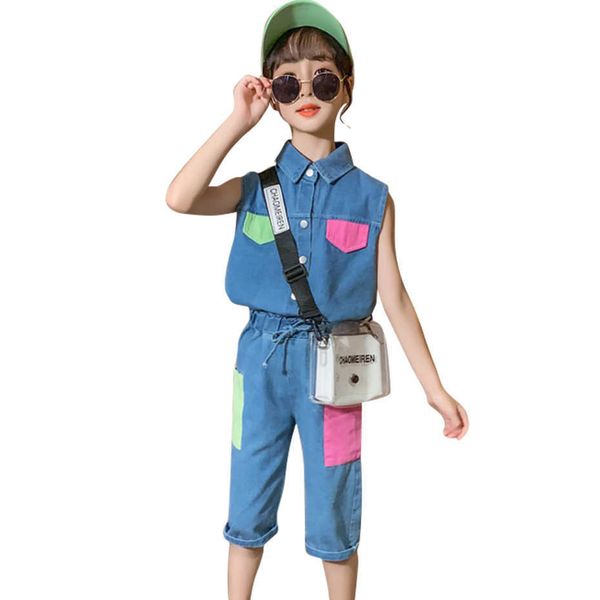 

kids clothes girls denim vest +short teenage clothing summer casual style kid 6 8 10 12 14 210528, White