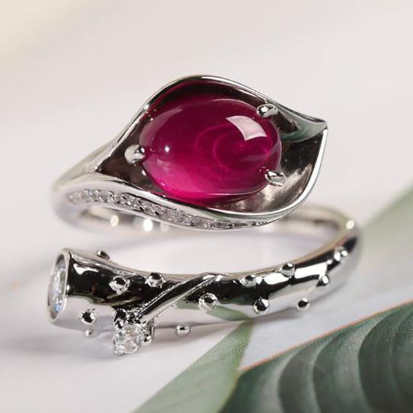 

cluster rings silver jewelry leaf plant water drop ruby female models retro style atmosphere elegant open ring, Golden;silver
