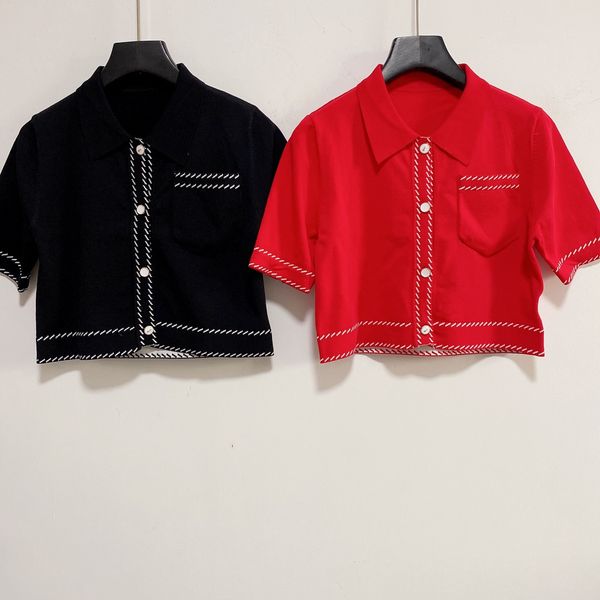 

317 2021 milan style summer sweater brand same style regular short sleeve lapel neck kint sweater black red women clothes yiduo, White;black