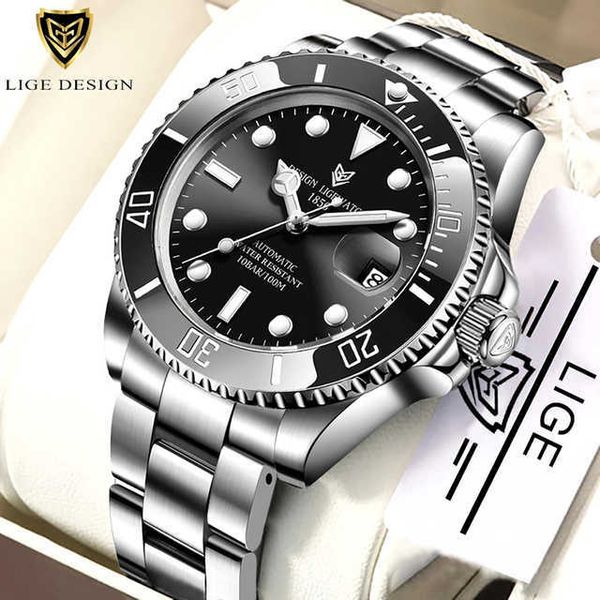 

lige watch men automatic mechanical clock fashion military watches men stainless steel 100atm waterproof watches 210527, Slivery;brown