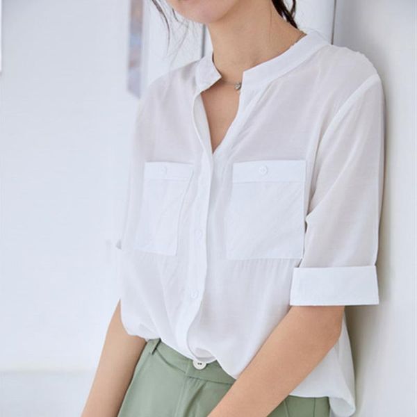 

summer female shirt solid v-neck casual loose women blouse double pocket half sleeve fashion flesh leisure girl sweet women's blouses, White