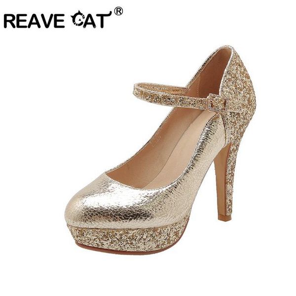 

dress shoes reave cat bridal pumps party block thin high heels glitter wedding flock platform buckle strap big size 42 43, Black