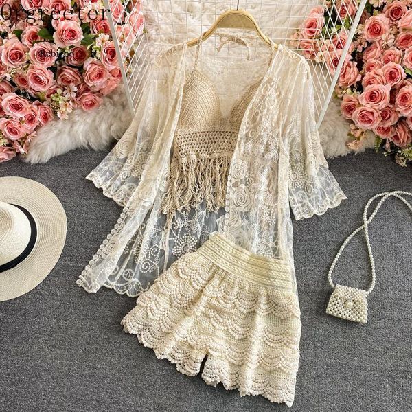 

women's tracksuits holiday beach 3-piece set summer lace sun-proof cardigan+ tassel spaghetti strap vest+multi-layer ruffle shorts, Gray