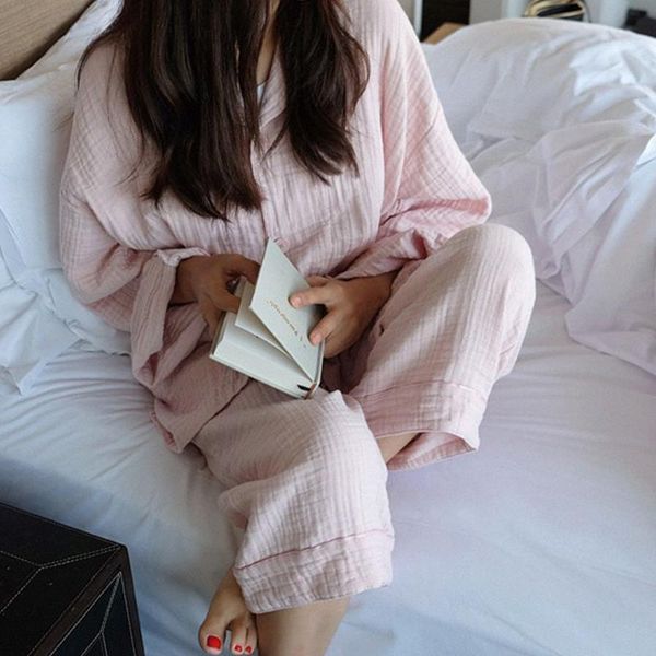 

womens sleepwears robes spring autumn ladies cotton pajamas set women solid color pink long sleeve and trousers comfortable loose, Black;red