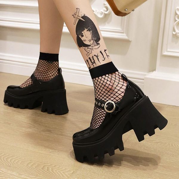 

dress shoes bonjomarisa brand punk chunky heels platform thick heel buckle fashion marry janes pumps cool streetwear gothic woman, Black