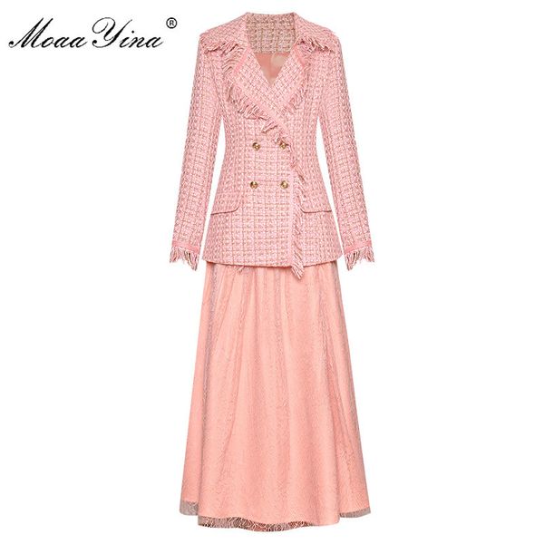 

fashion designer suit autumn winter women long sleeve woolen coat tassel +mesh skirt two-piece set 210524, White