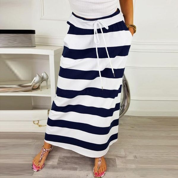 

skirts women maxi saias summer casual striped long skirt loose high waist spring elastic pockets #z, Black