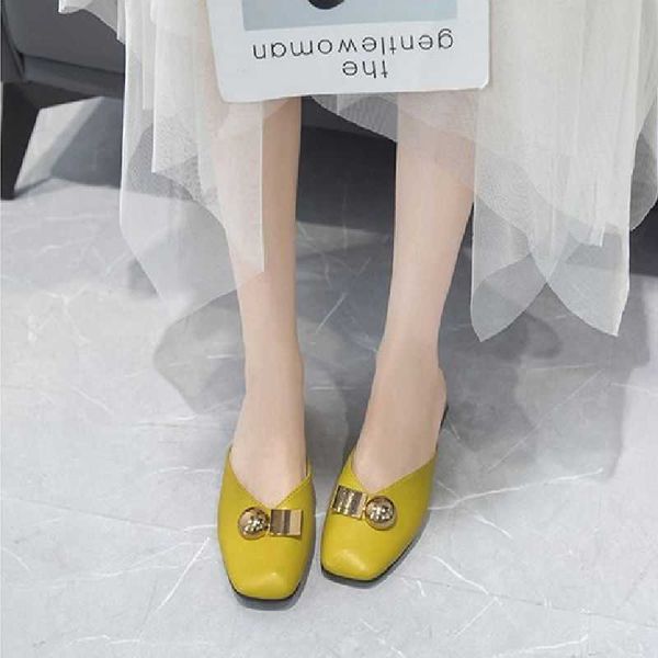 

sandals women mules sandalias elegant slides classic solid outdoor british style block yellow green suqare toe shallow ladies footwear, Black