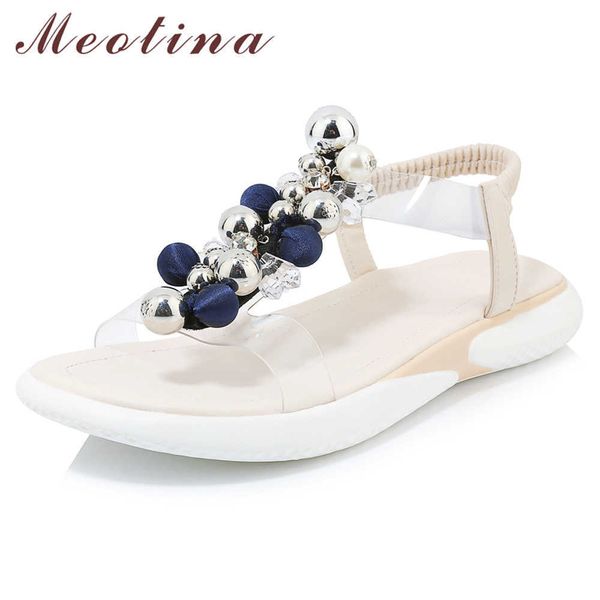 

meotina women shoes summer sandals natural cow leather transparent flat shoes soft string bead open toe sandals lady size 33-39 210608, Black