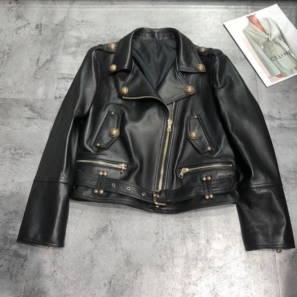 

women's leather & faux fashion genuine jacket 2021 women coat spring and autumn import sheepskin clothes with belt turn-down collar, Black