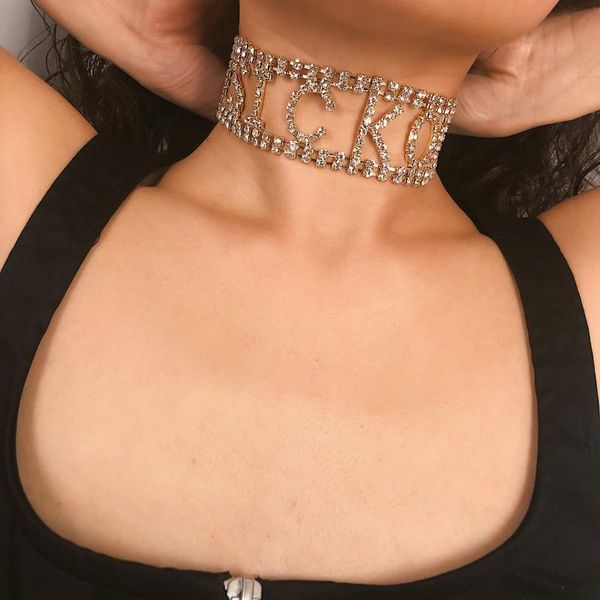 

chokers accessories, exaggerated personality, nightclub trendy money ornaments, diamond-encrusted letters, short necklace, necklace, Golden;silver